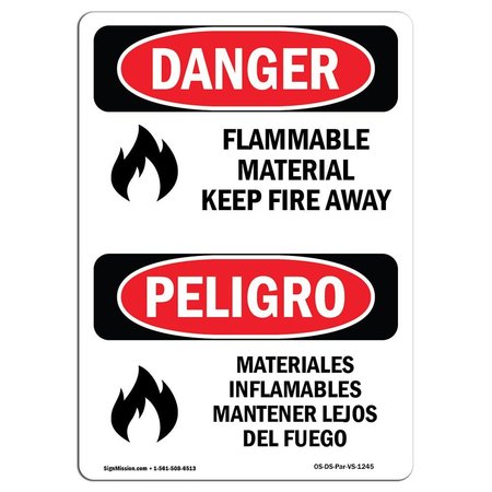 OSHA Sign, Flammable Material Keep Fire Away Bilingual, 7in X 5in Decal, 5 W, 7 L, Spanish